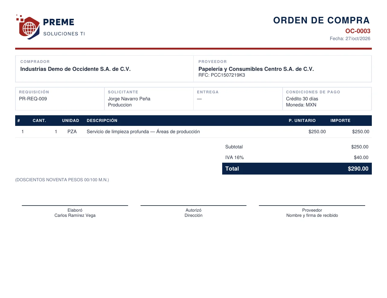 PDF de una orden de compra con logo y folio